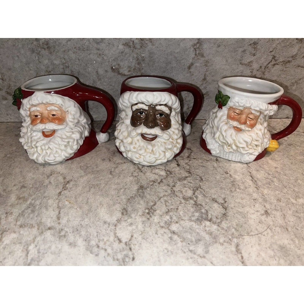 3 Vtg Possible Dreams 3D Mug Christmas Ceramic White & Black African Santa Claus